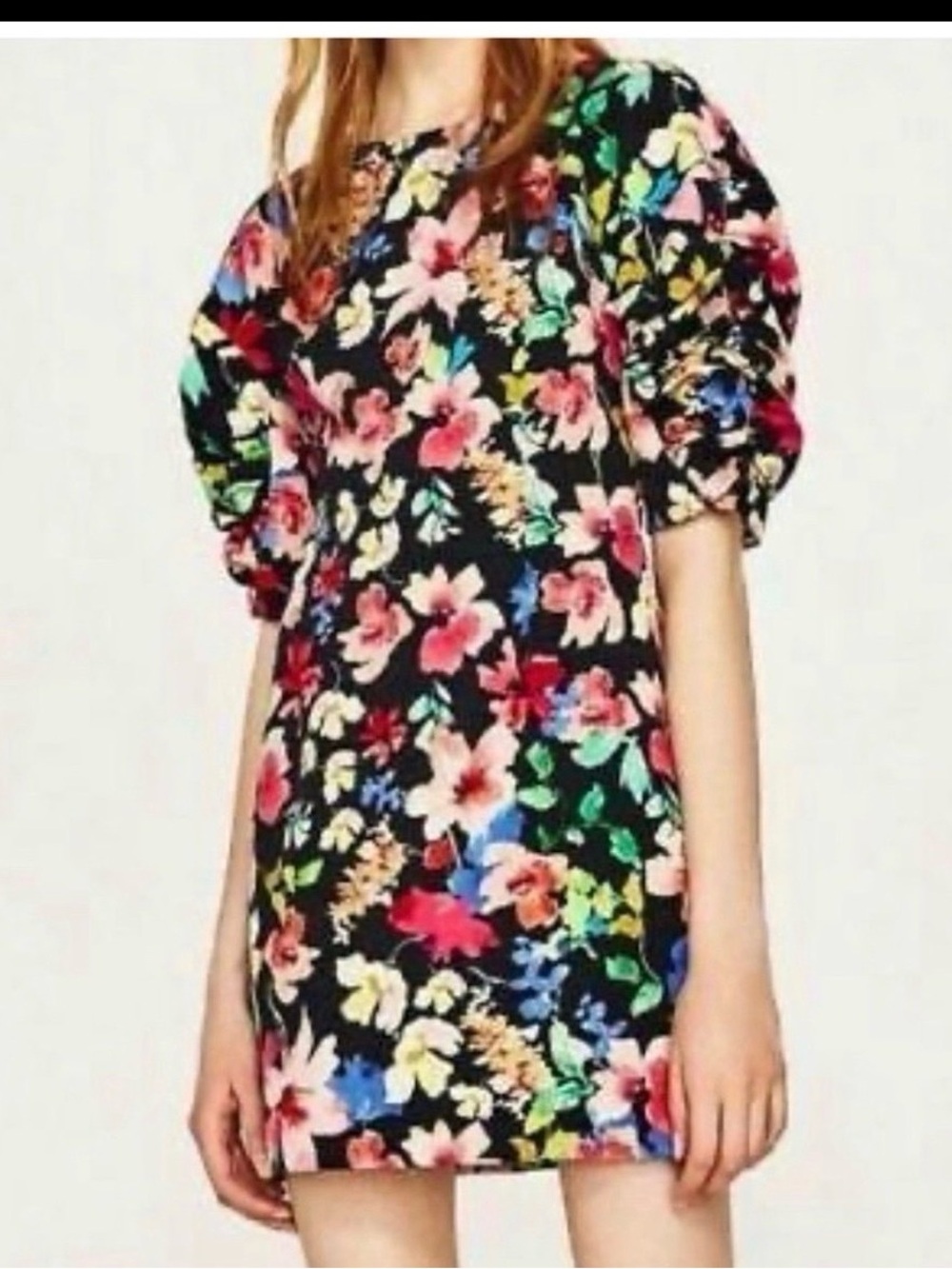 Zara Floral Puff-Sleeve Mini Dress - Black Multi